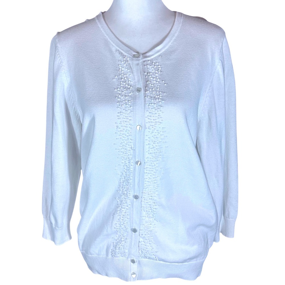 Talbots Cardigan Womens Size L White Beaded Sequin Button Front Crew Sweater
